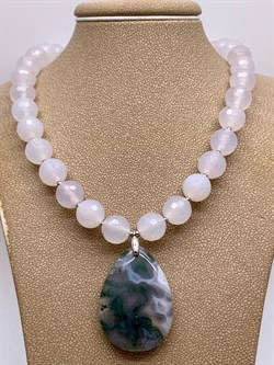 Колье из Кварца с кулоном из Мохового агата 110449 (58,51 гр, Агат, 10 мм, 42 см +, Кварц, Бразилия, Гладкий/Граненый - фото 629095