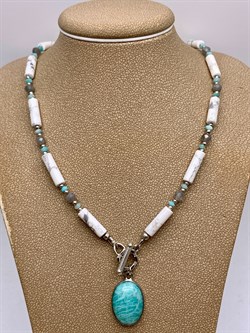 Колье из Говлита,Лабрадора и Амазонита 108595 (13,27 гр, Лабрадор, 4 мм, 40 см, Говлит, Мадагаскар, Гладкий/Граненый - фото 629213