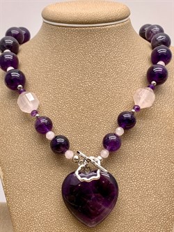 Колье из Аметиста и Розового кварца 098577 (82,3 гр, Розовый кварц, 4-12 мм, 48 см, Аметист, Бразилия, Гладкий/Граненый - фото 630745